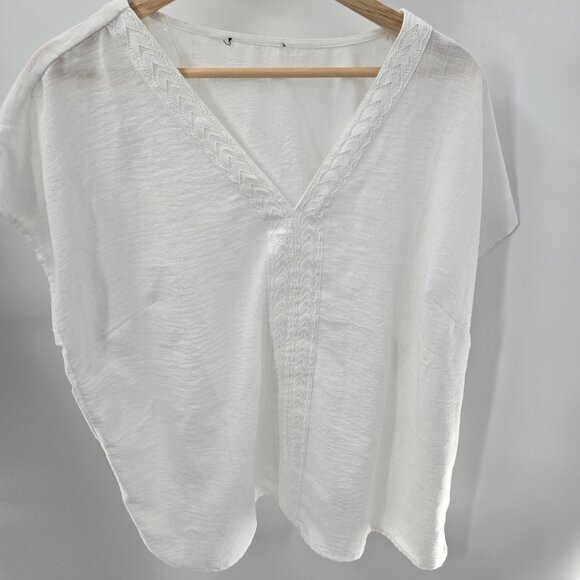 White Embroidered V-Neck Gauze Blouse - Picture 2 of 13